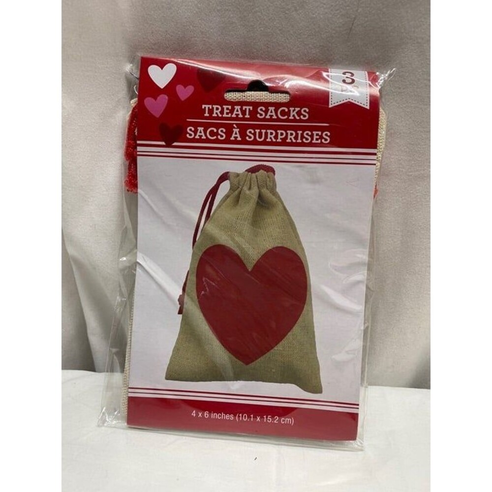 8A Valentine's Day Burlap Heart Treat Sacks 3 Pc Pack Drawstring Gift Bags 4x6"
